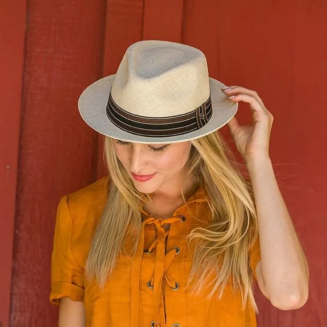 Austral Beige Panama Hat - The Isla with Stripe Navy Band