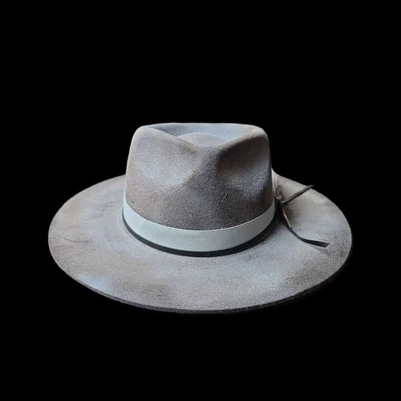 Distressed Fedora with Smoke Grey White Ribbon and Feather