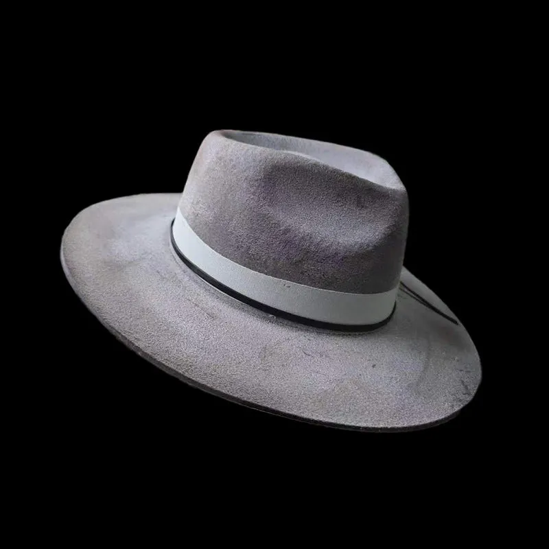 Distressed Fedora with Smoke Grey White Ribbon and Feather