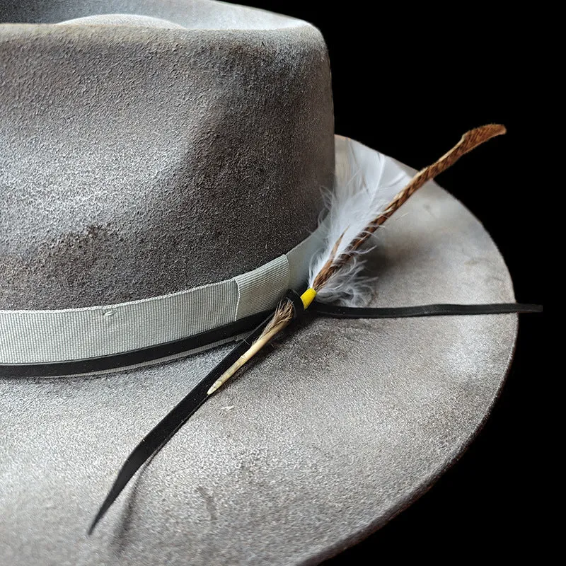 Distressed Fedora with Smoke Grey White Ribbon and Feather