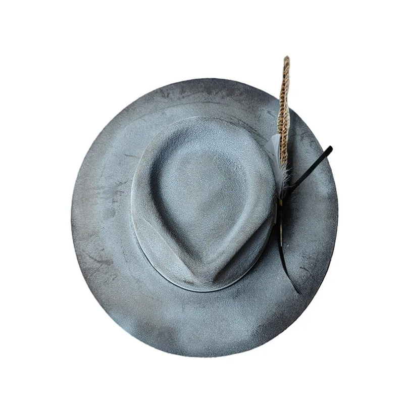 Distressed Fedora with Smoke Grey White Ribbon and Feather