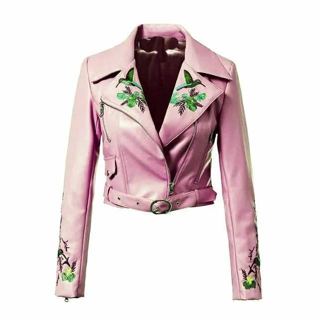 Gothic Chic Cool Floral Embroidery PU Jackets