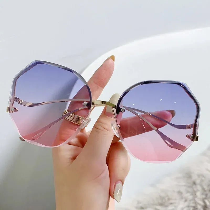 Ladies Trendy Oval Gradient Sunglasses Ocean Lens Rimless Sun Glasses Metal Curved Temples UV400 Shades Eyewear  Oculos De Sol