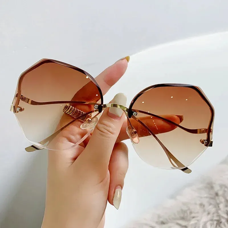 Ladies Trendy Oval Gradient Sunglasses Ocean Lens Rimless Sun Glasses Metal Curved Temples UV400 Shades Eyewear  Oculos De Sol