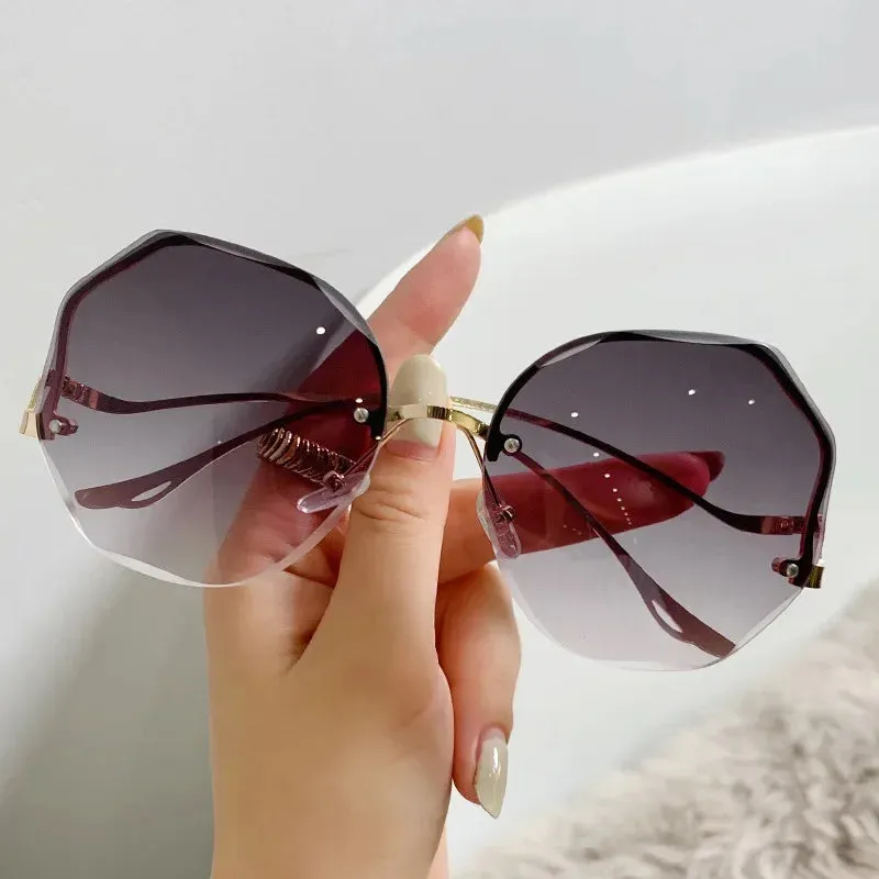 Ladies Trendy Oval Gradient Sunglasses Ocean Lens Rimless Sun Glasses Metal Curved Temples UV400 Shades Eyewear  Oculos De Sol