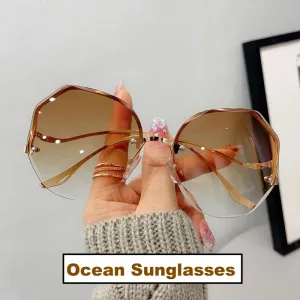 Ladies Trendy Oval Gradient Sunglasses Ocean Lens Rimless Sun Glasses Metal Curved Temples UV400 Shades Eyewear  Oculos De Sol