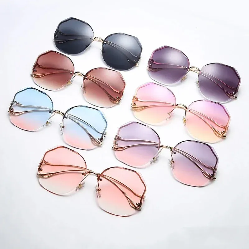 Ladies Trendy Oval Gradient Sunglasses Ocean Lens Rimless Sun Glasses Metal Curved Temples UV400 Shades Eyewear  Oculos De Sol