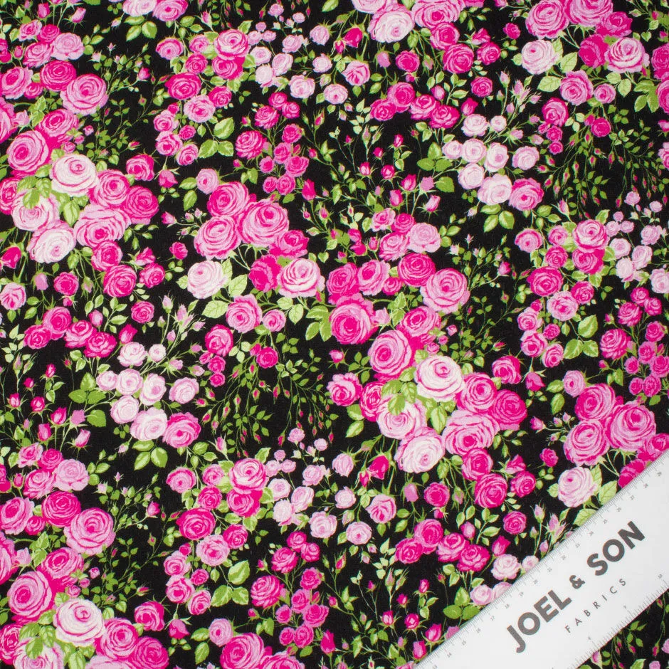 Pink Rose Printed Black Silk & Cotton Piqué