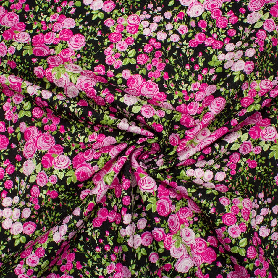 Pink Rose Printed Black Silk & Cotton Piqué