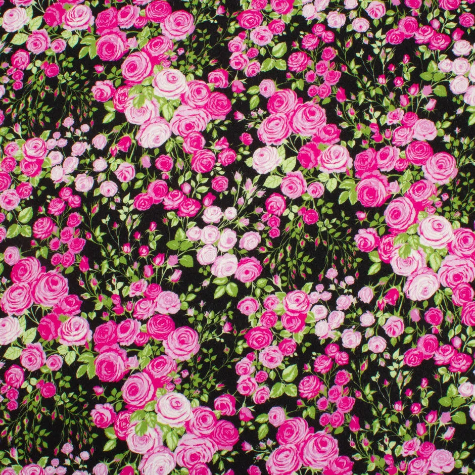 Pink Rose Printed Black Silk & Cotton Piqué