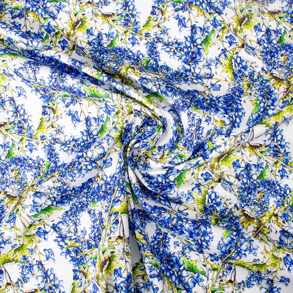 Rich Blue Floral Printed White Cotton Piqué