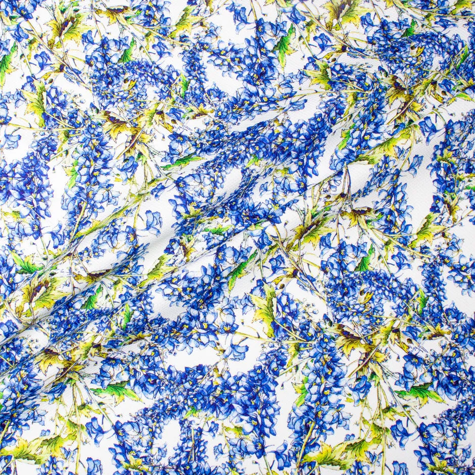 Rich Blue Floral Printed White Cotton Piqué