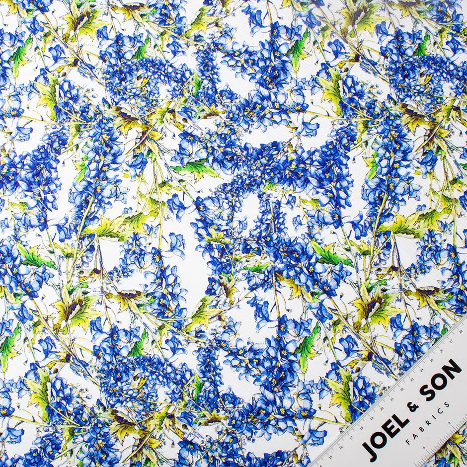 Rich Blue Floral Printed White Cotton Piqué