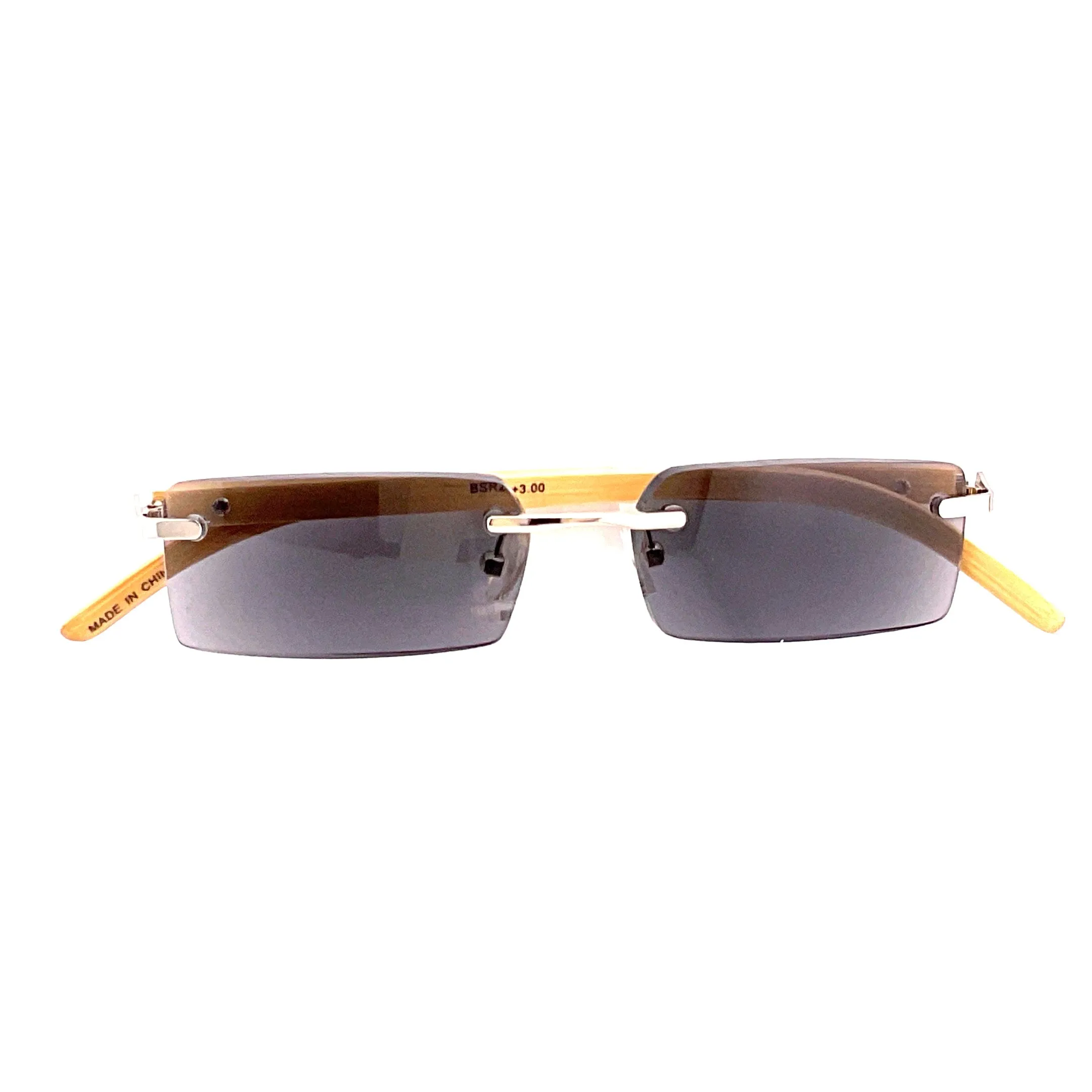 Rimless Fully Magnified Rectangular Frame Bamboo Sunglass Readers With Box