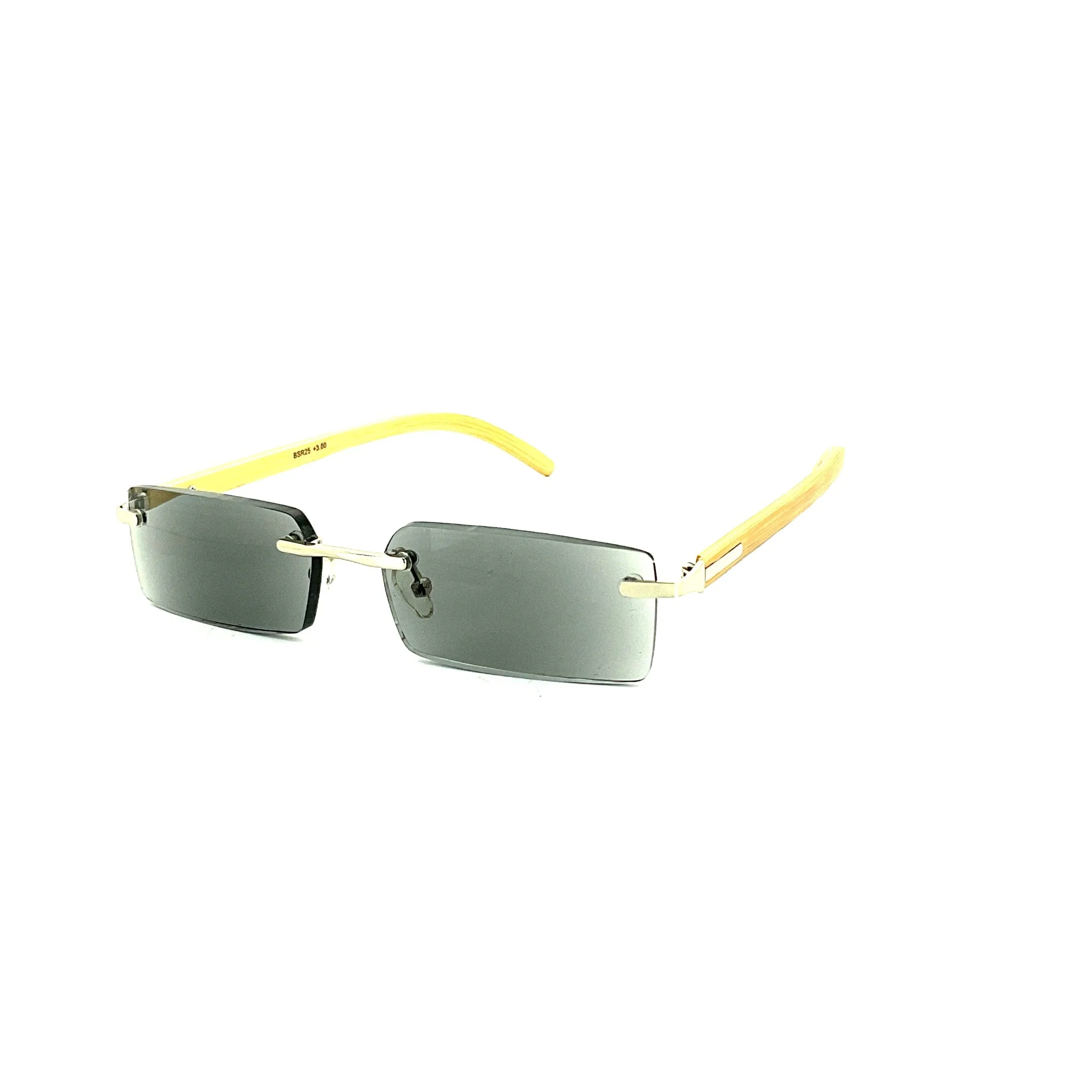 Rimless Fully Magnified Rectangular Frame Bamboo Sunglass Readers With Box