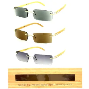 Rimless Fully Magnified Rectangular Frame Bamboo Sunglass Readers With Box