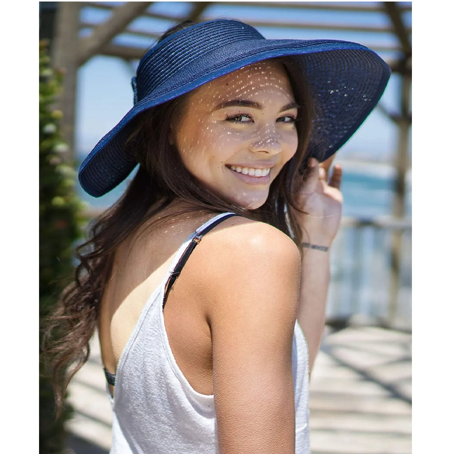 Simplicity | Women's UPF 50  Wide Brim Roll Up Straw Hat