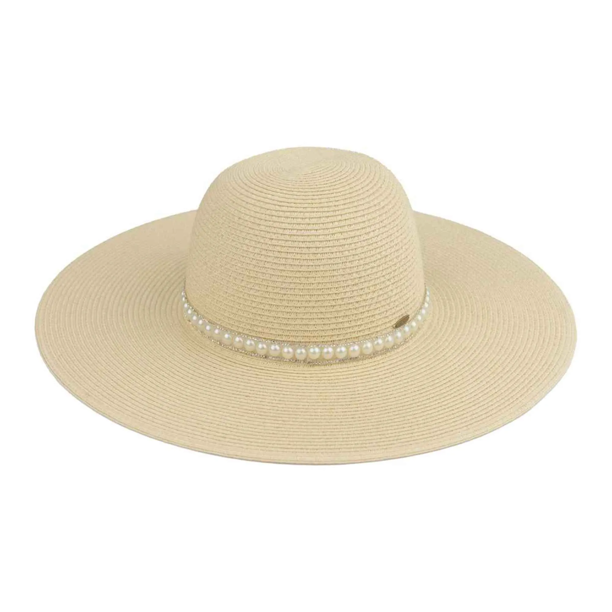 STI03 Wide Brim Pearl Embellished Band Panama Hat