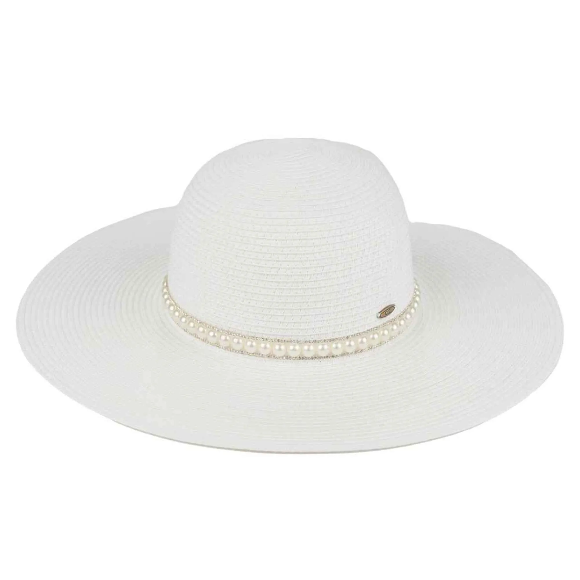 STI03 Wide Brim Pearl Embellished Band Panama Hat