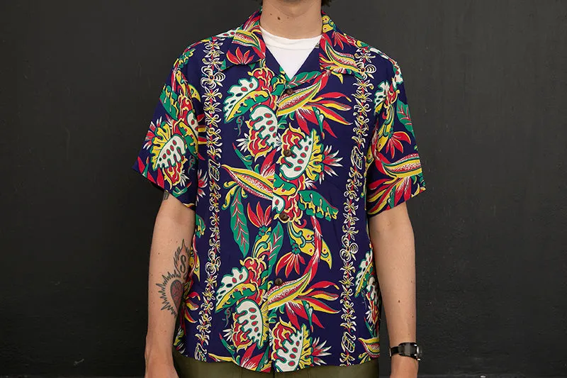 Sun Surf Hawaiian Shirt “Birds of Paradise Monstera” Navy