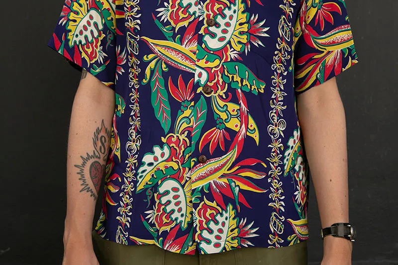 Sun Surf Hawaiian Shirt “Birds of Paradise Monstera” Navy