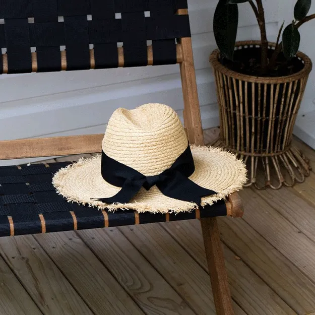 Sundaise Krysten Wide Brim Raffia Hat - Black/Natural