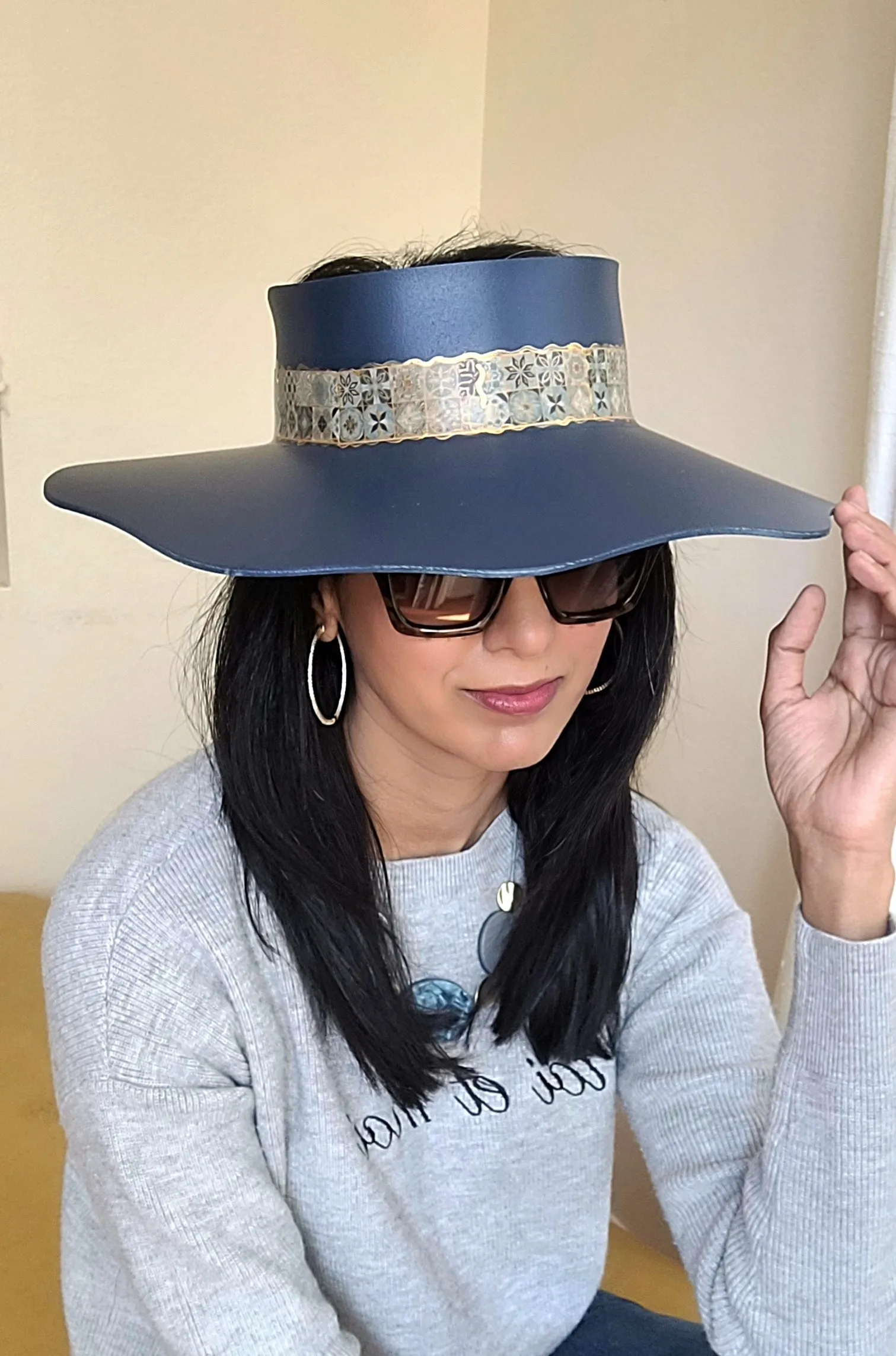 Tall Navy Lotus Visor Hat with Geo Band with Golden Highlights