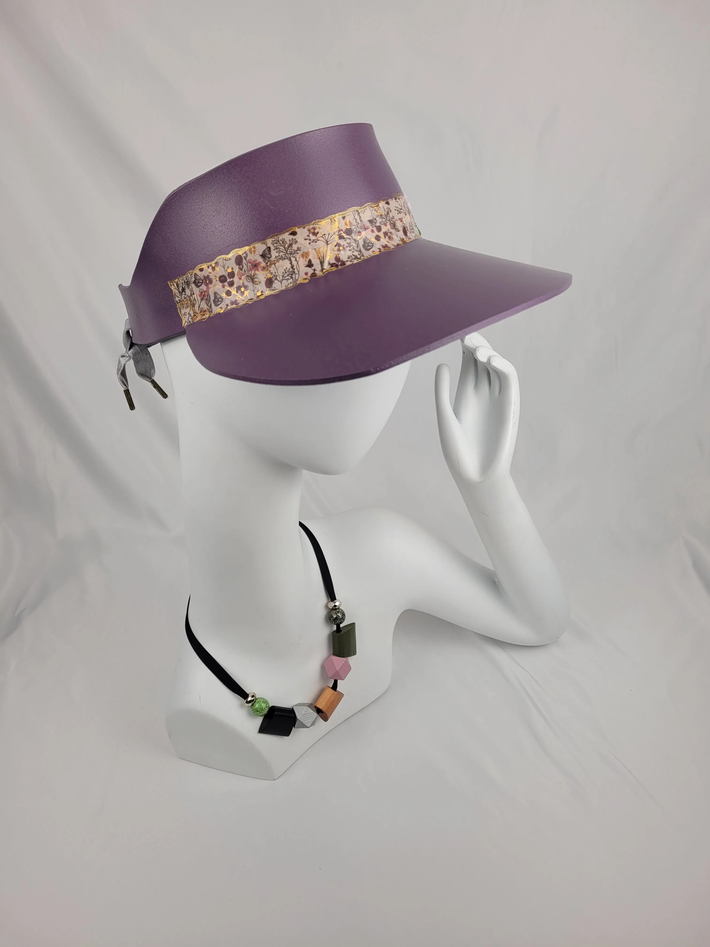 Tall Purple LadyEVA Visor Hat with Floral Band and Polymer Clay Flowers