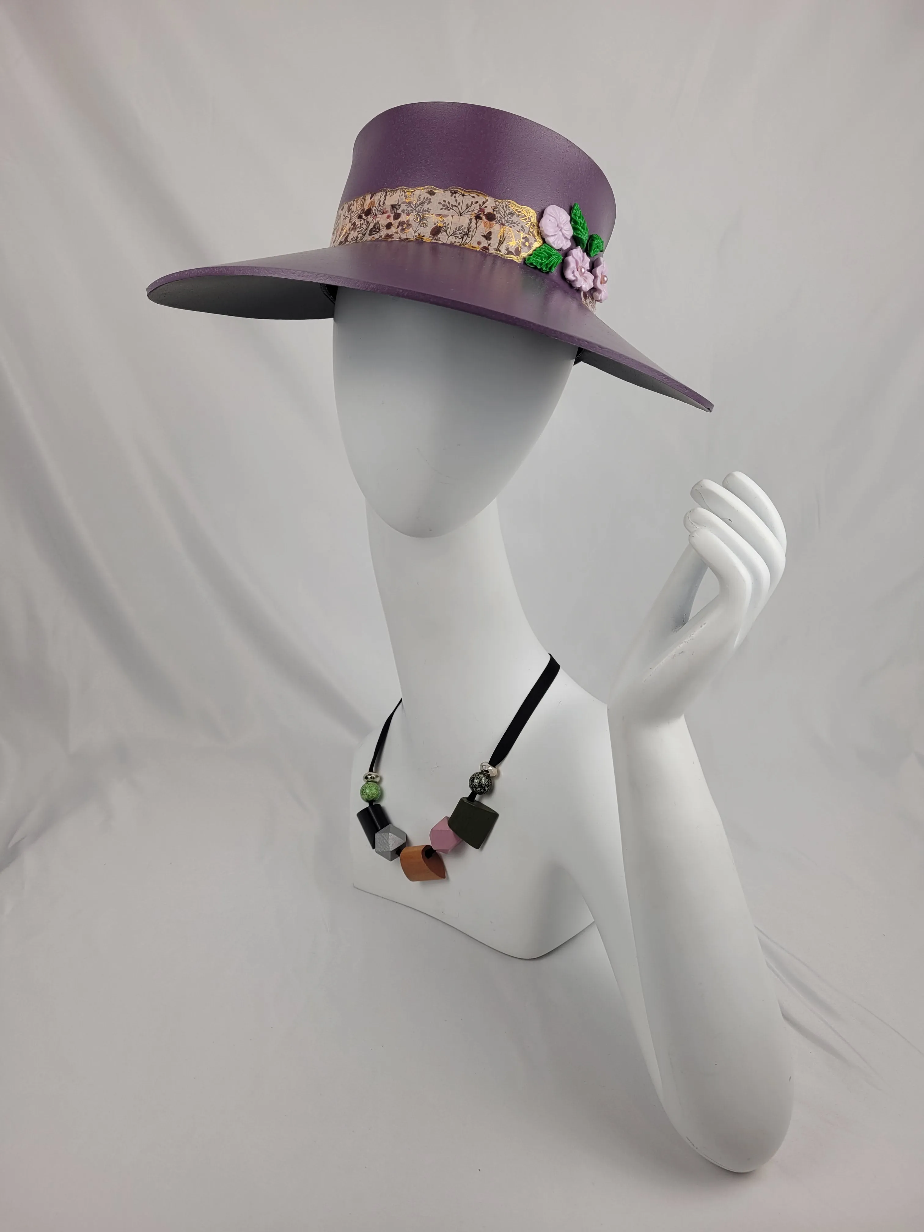 Tall Purple LadyEVA Visor Hat with Floral Band and Polymer Clay Flowers