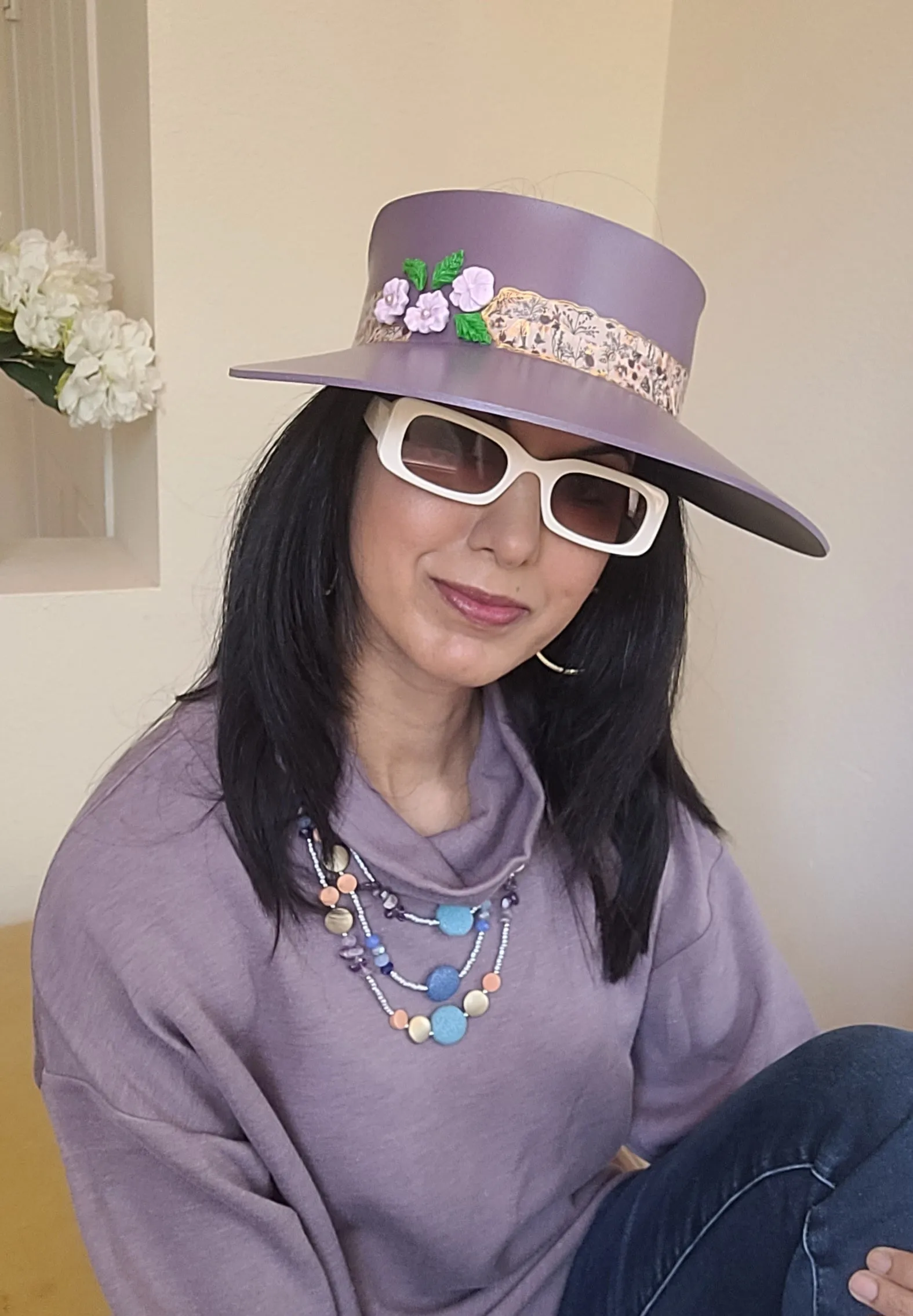 Tall Purple LadyEVA Visor Hat with Floral Band and Polymer Clay Flowers