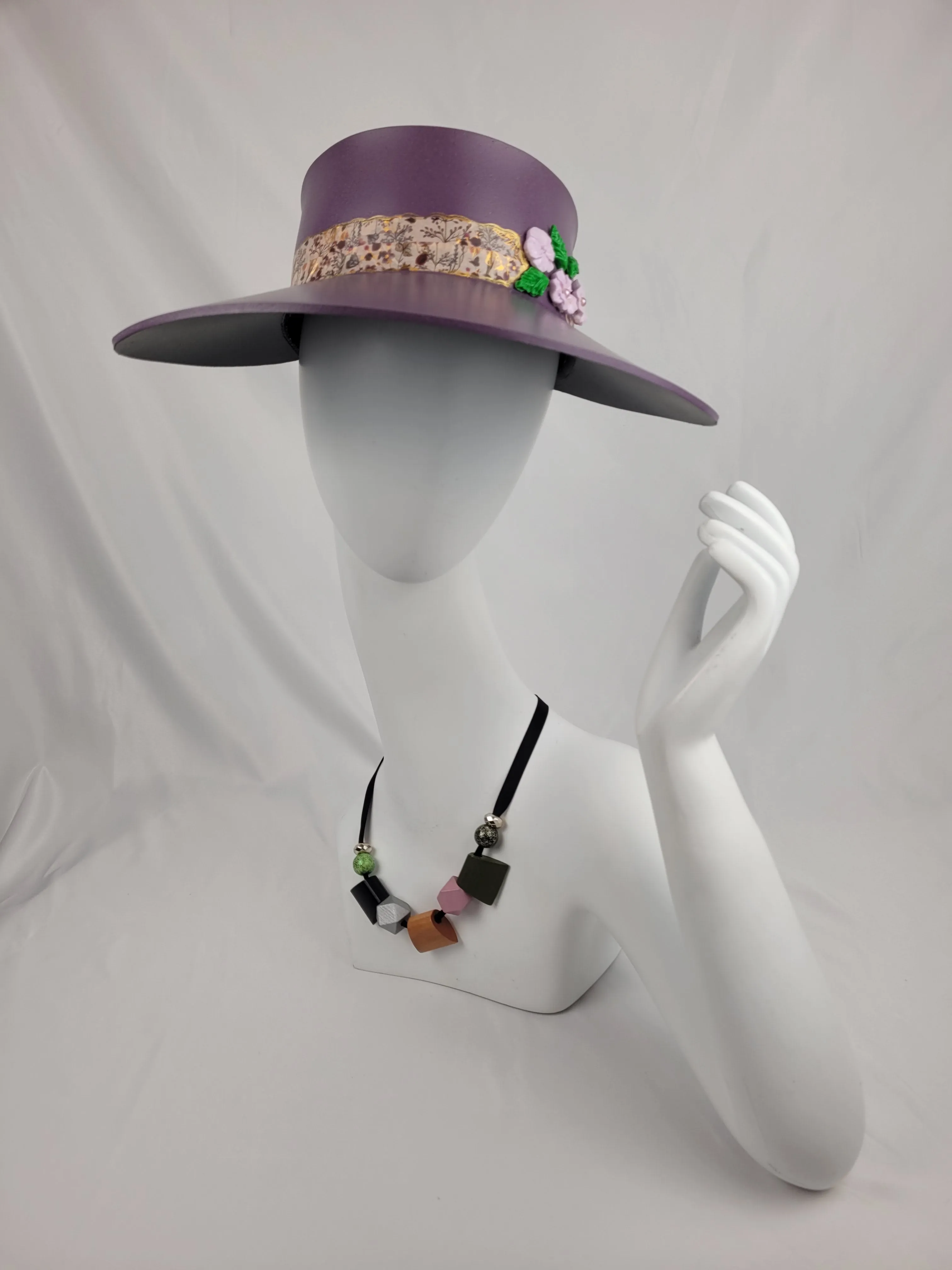 Tall Purple LadyEVA Visor Hat with Floral Band and Polymer Clay Flowers