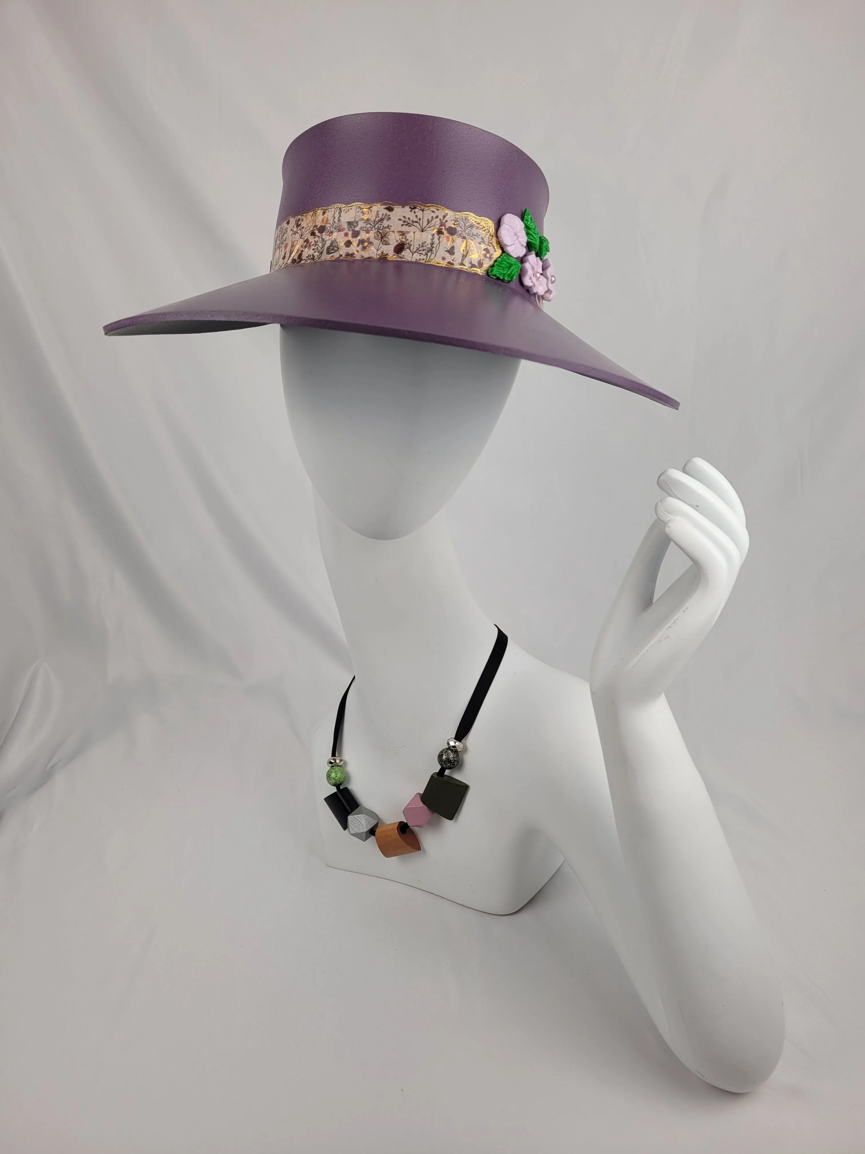 Tall Purple LadyEVA Visor Hat with Floral Band and Polymer Clay Flowers