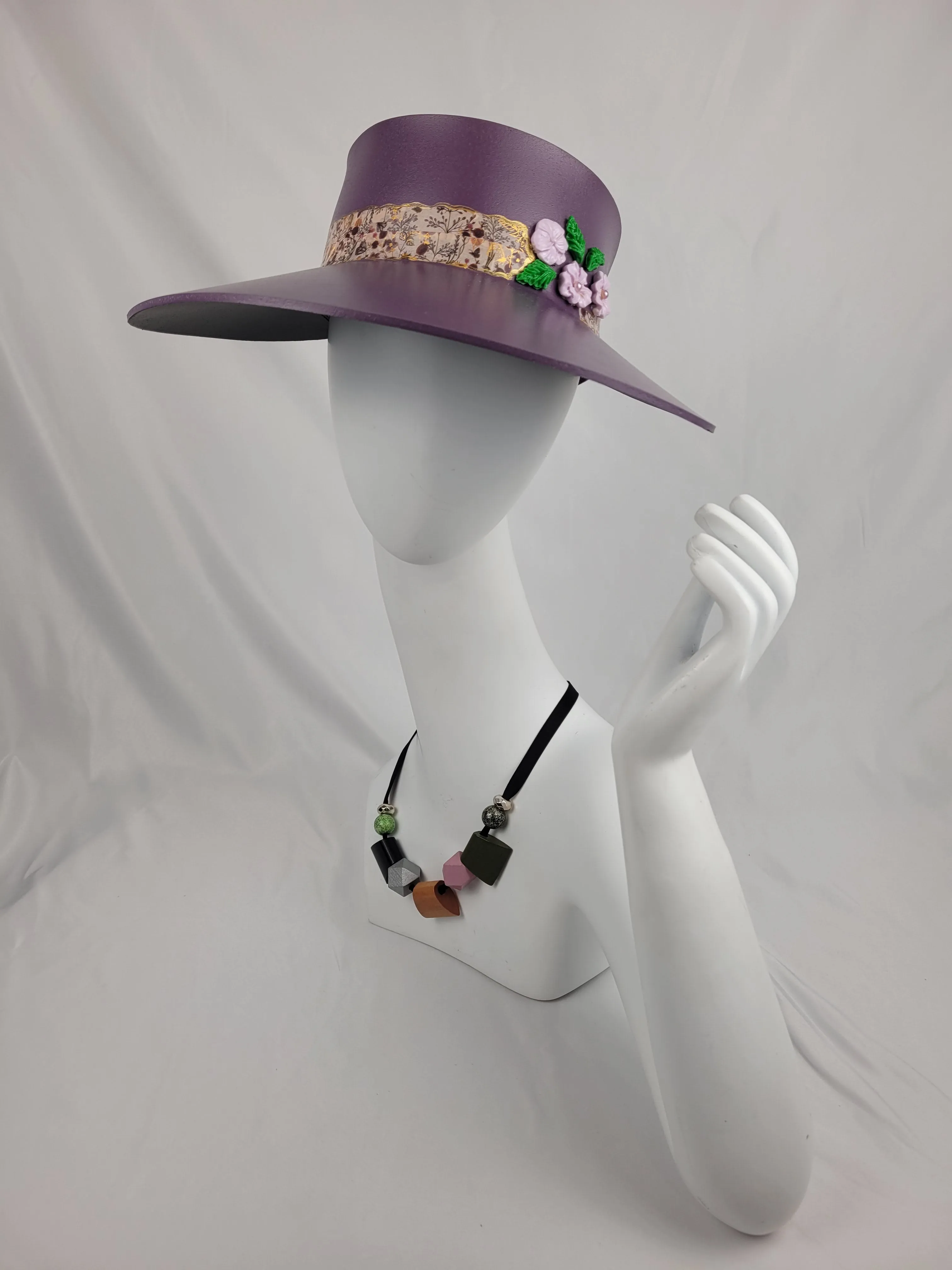 Tall Purple LadyEVA Visor Hat with Floral Band and Polymer Clay Flowers