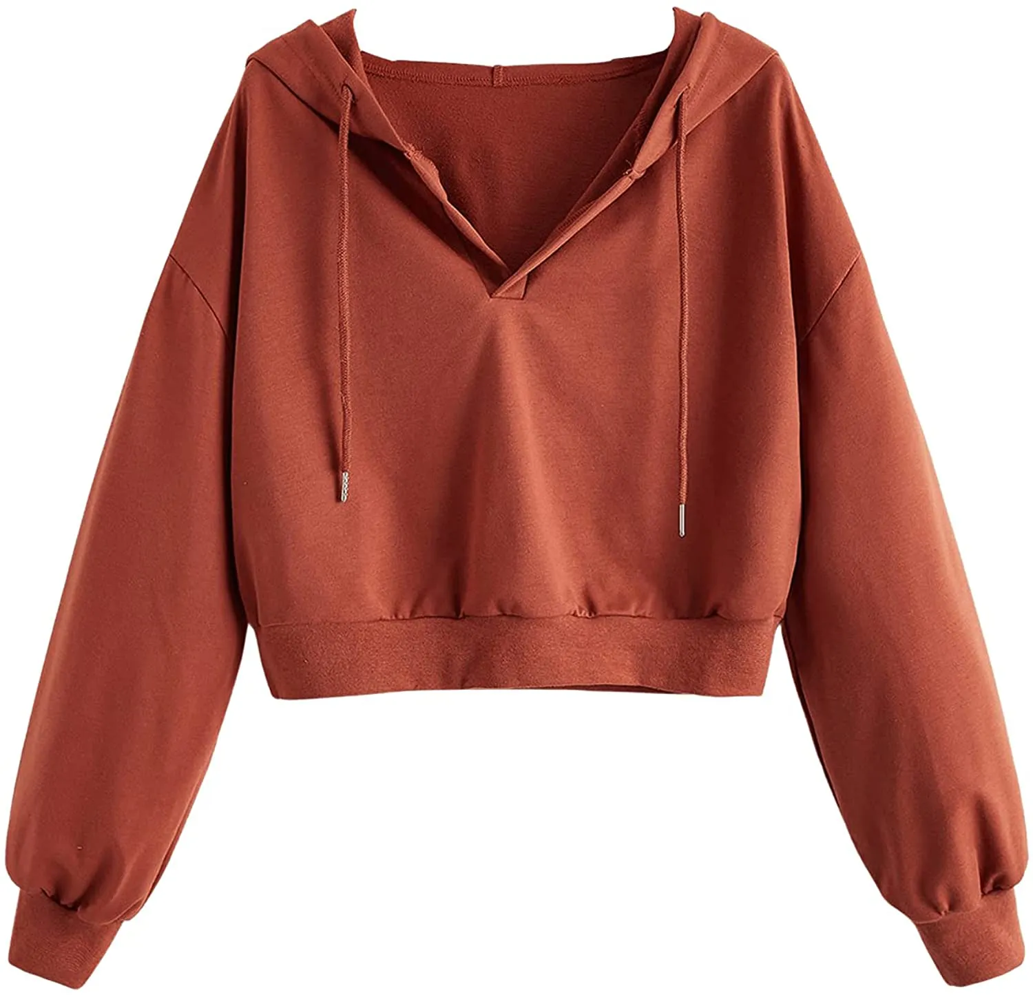 Women's Casual Long Sleeve V Neck Drawstring Crop Top Hoodies Sweatshirt